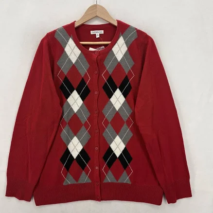 Croft & Barrow Cardigan Sweater Womens Xl Red Argyle Print Button