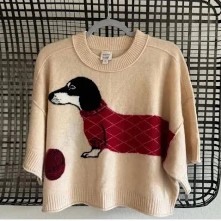 Anthropologie Maeve Cream Dachshund Cashmere Argyle Sweater XXS