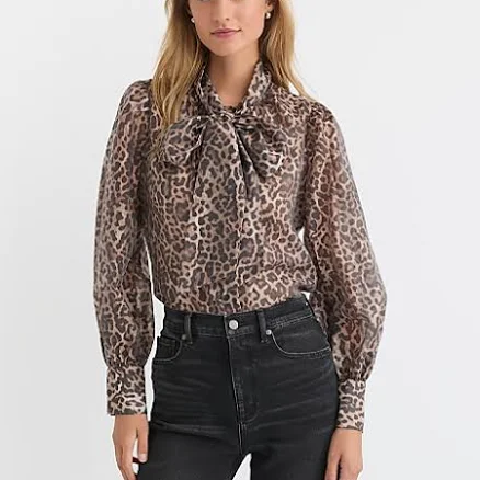 Loft Women's Petite Leopard Print Blouson Sleeve Bow Blouse