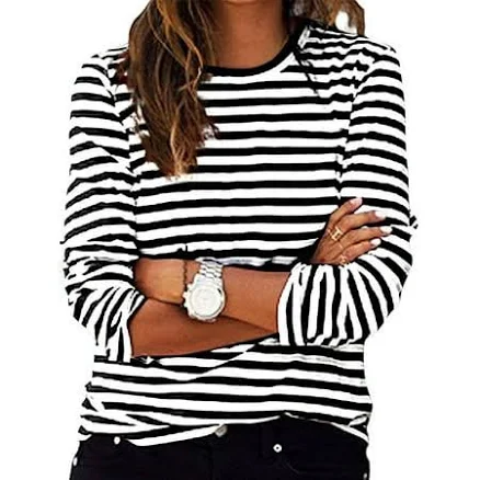 Sevevn Womens Long Sleeve Stretch Crewneck Stripe Print T-Shirt Slim Fit Casual Basic Tops, Women's, Size: Large, Black