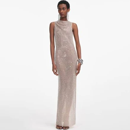 self-portrait - Silver Rhinestone Drape Maxi Dress - US 10
