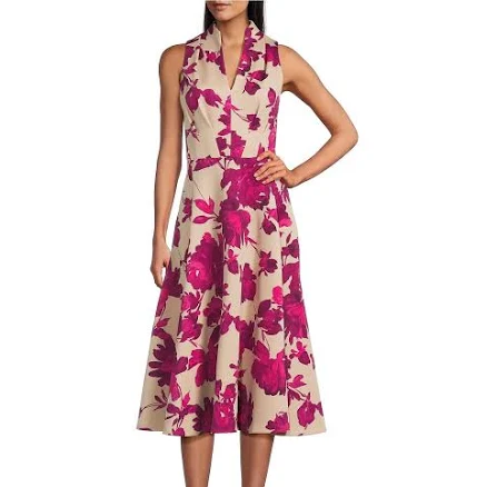 Calvin Klein Women's Sleeveless V-Neck Floral Scuba Aline Midi Dress