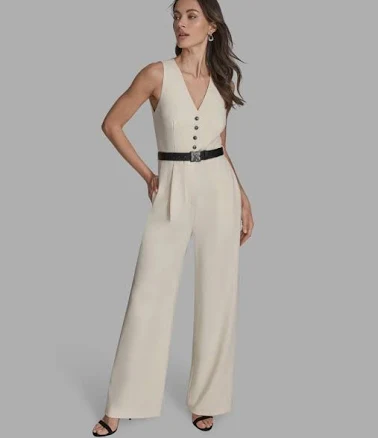 BCBGMAXAZRIA Women's Belted V-Neck Sleeveless Jumpsuit