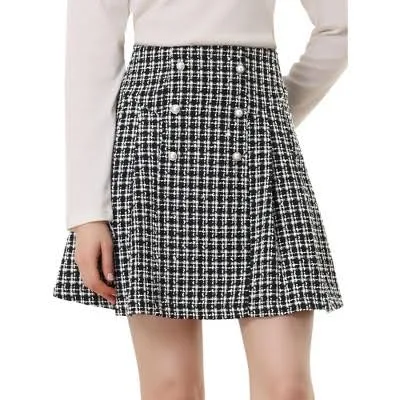 Elegant High Waist A-Line Plaid Tweed Mini Skirt