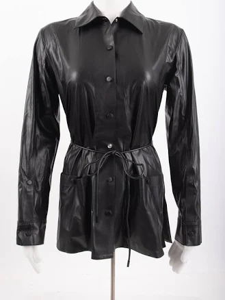 Theory Womans Faux Leather Shirt Jacket Size P Petite Black