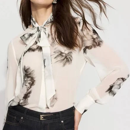 White House Black Market Petite Floral Tie-Neck Chiffon Blouse
