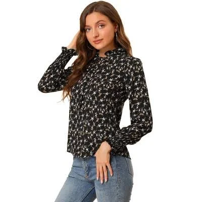 Inspire CHIC Women's Tie Neck Long Sleeve Floral Chiffon Blouse