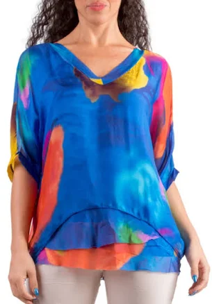 Silk Brushstroke Print Kaftan Blouse
