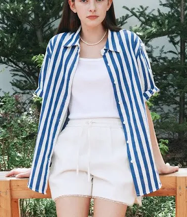 W Concept Loose Fit Stripe Half Shirt