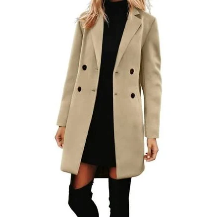 Women's Elegant Double Breasted Wool Blend Trench Coat