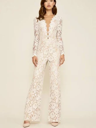 Revel Long-sleeve Lace Jumpsuit In Neutral