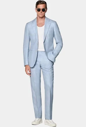 Light Blue 2 Piece Summer Linen Double Button Casual Slim Fit Men Suit