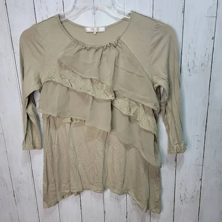 Paige Flynn Women's Green ¾ Sleeve Cotton Blend Shirt Ruffles Size 2