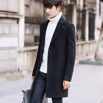 Korean Men's Fashion Wool Blend Long Trench Coat Outwear Slim Fit