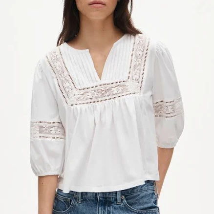 J.Crew Women's Lace-trim puff-sleeve shirt in broken-in jersey