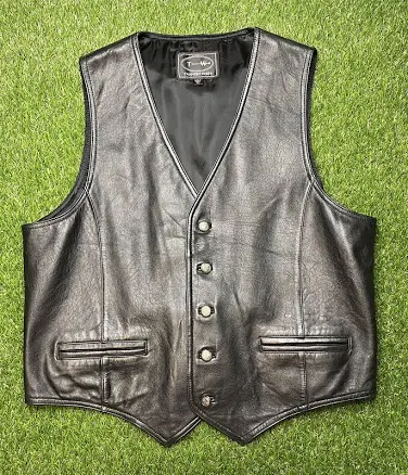Tannery West Black Leather Vest Size Xl Made In Korea Biker Buckle