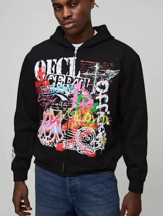 boohooMAN Men's Oversized Boxy Graffiti Doodle Hoodie