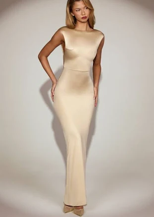 Oh Polly Satin Boat-Neck Twist-Back Maxi Dress