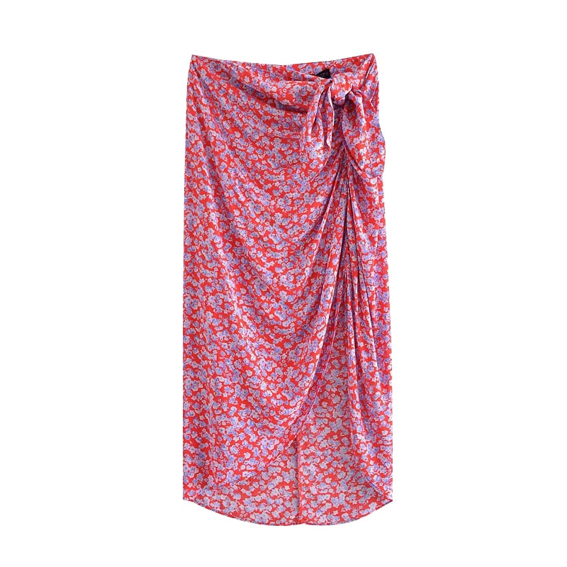 Women Fashion With Knot Floral Print Front Vents Midi Skirt Vintage High Waist Back [B00071584]  상품