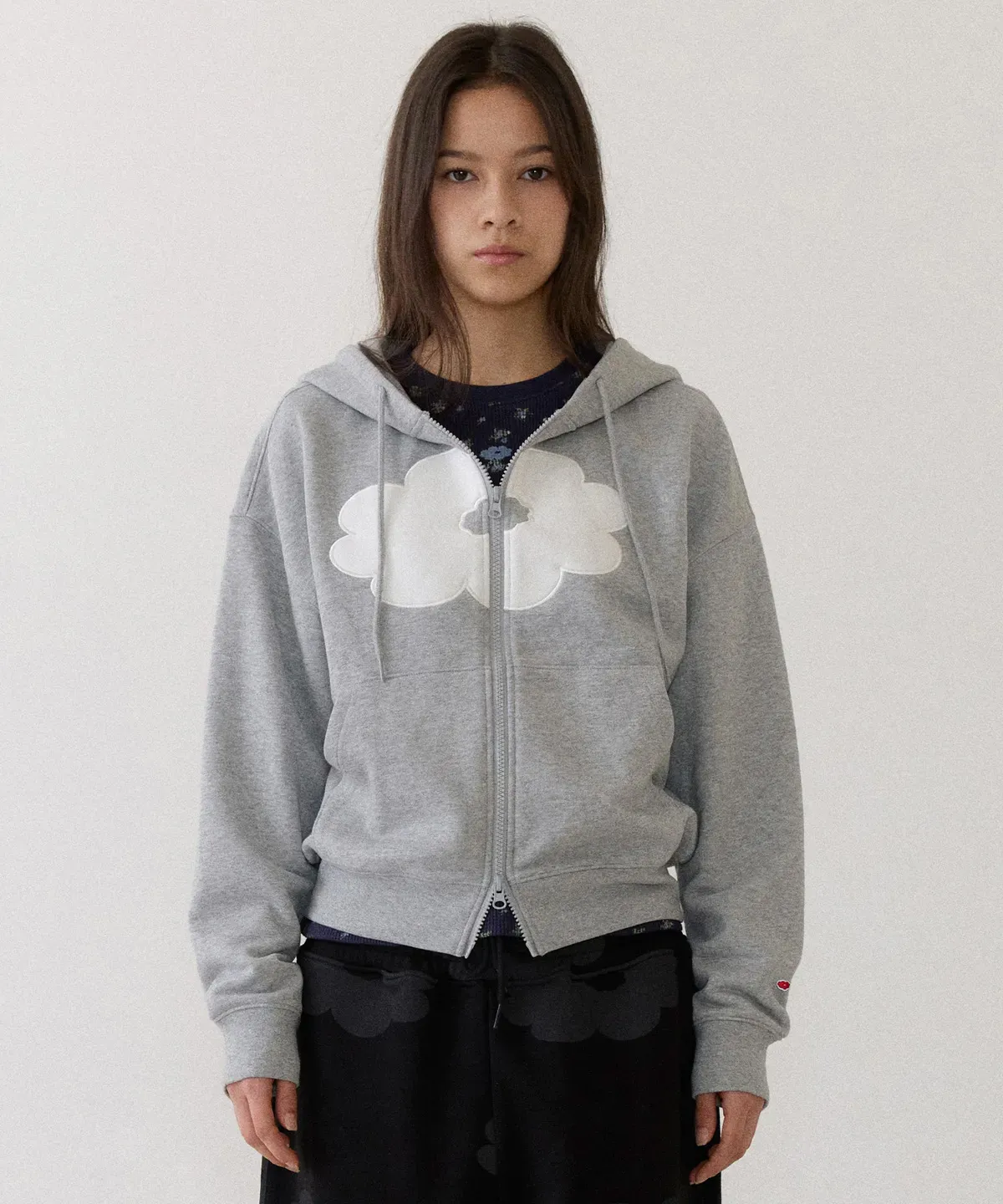 FLORAL CROPPED HOODIE ZIP-UP melange gray