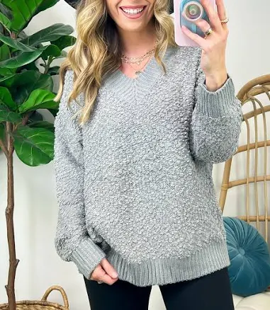 Warmest Aesthetic V-Neck Boucle Knit Sweater - FINAL SALE Gray / S
