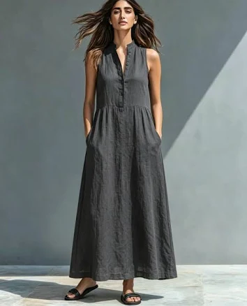 Women's Stand-Collar A-Line Maxi Dress