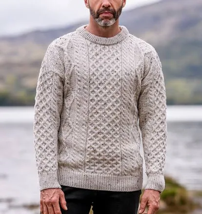 Men's Aran Sweater Market Aran Cable Knit Crew Neck Aran Wool Sweater