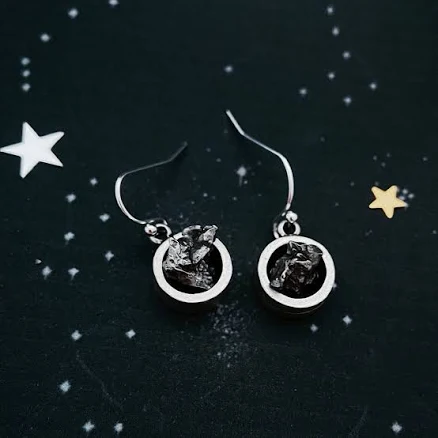 Yugen Handmade Small Round Raw Meteorite Dangle or Stud Earrings Stud