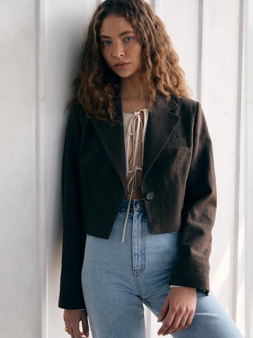 Linen Cropped Jacket Brown
