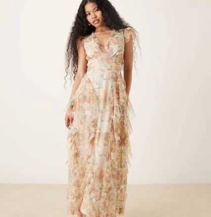 Lace & Beads Petite Floral Print Tulle Maxi Dress with Frills