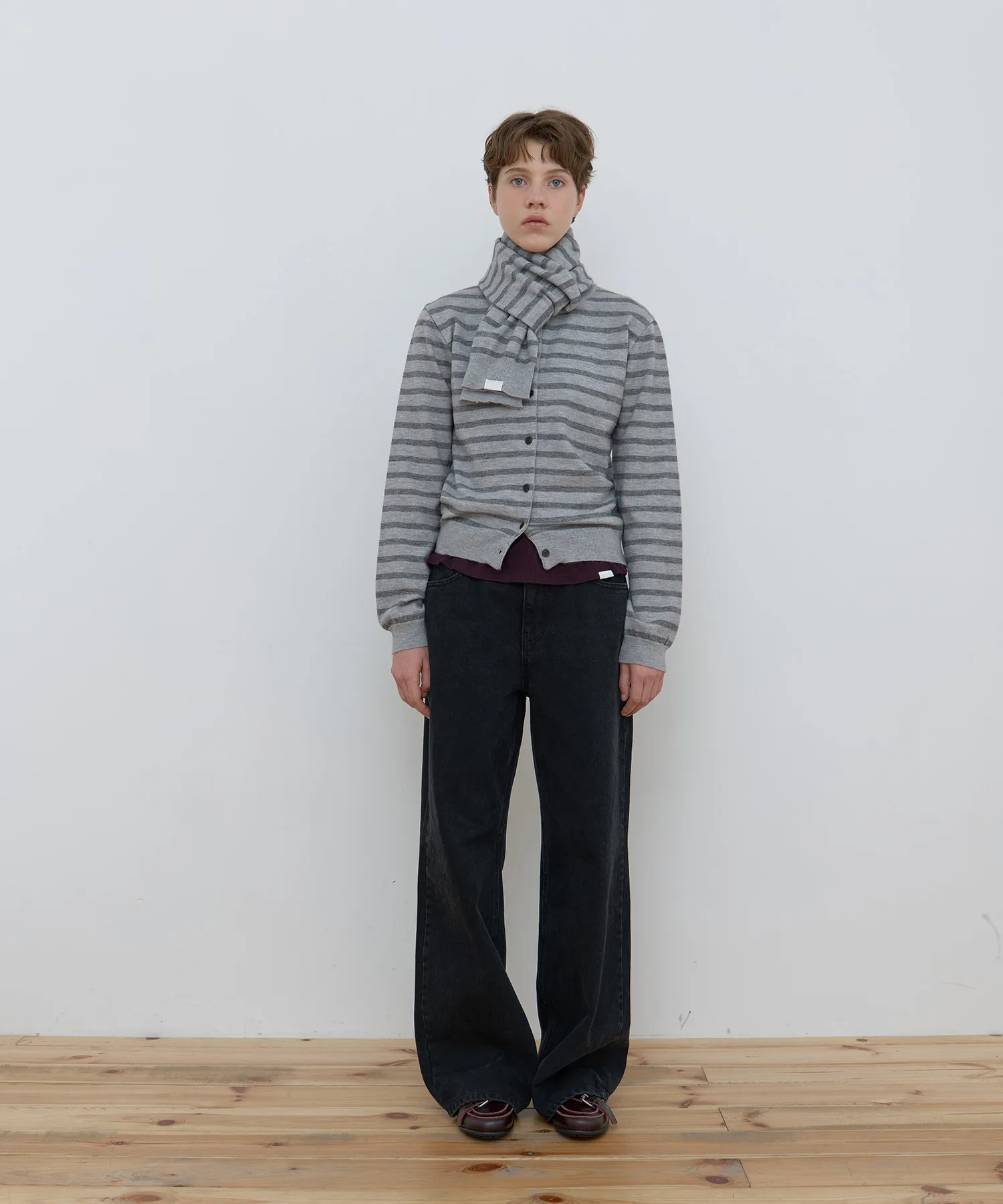 MUFFLER SET STRIPE CARDIGAN_GREY