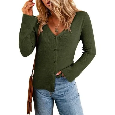 Women's Lightweight Ribbed Knit Button Front V Neck Cardigan