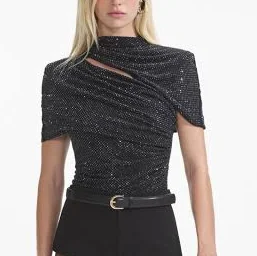 Self Portrait Women's Rhinestone Mesh Cut Out Top
