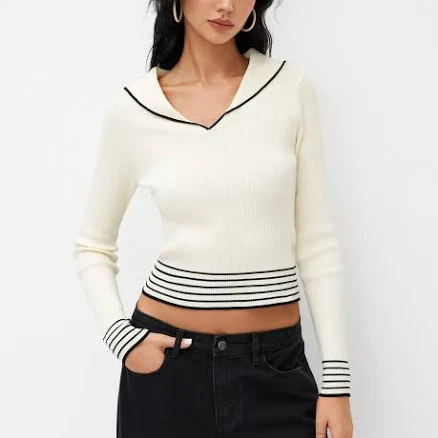 Knit Fabric Sailor Collar Long Sleeve Top