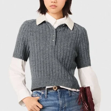 Maje Women's wool Removable beaded collar sweater for Spring/Summer, size Medium, in color Grey / Grey