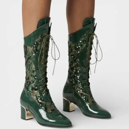 Celestia Women's AROLA Lace-Up Embroidered Mid-Calf Boots