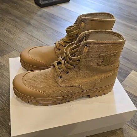 CELINE Men's Patapans Lace-Up Canvas Boots