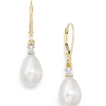 Women's White Freshwater Cultured Pearl Earrings with Diamonds in 10k Yellow Gold