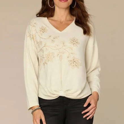 Democracy Women's Petite V-Neck Knot Hem Top