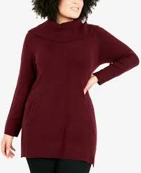 Avenue Plus Cowl Neck Ribbed Trim Pullover Sweater - Red