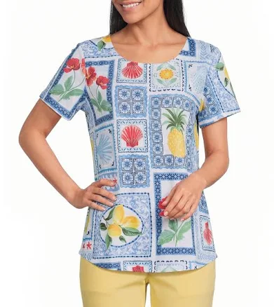 Allison Daley Women's Patchwork Print Short Sleeve Crew Neck Top
