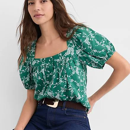 Loft Women's Bouquet Puff Sleeve Square Neck Blouse
