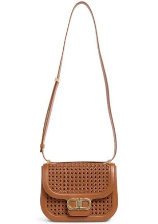 Ferragamo Women Double Gancini Woven Leather Crossbody Bag