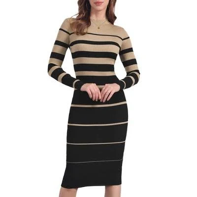 Inspire CHIC Women's Stretchy Crew Neck Long Sleeve Ribbed Knit Sweater Dress