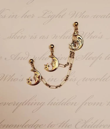 crescent Moon earring,chained triple pierced earring,lunar celestial earring,magic Moon Goddess witch,moonface,3 pieced