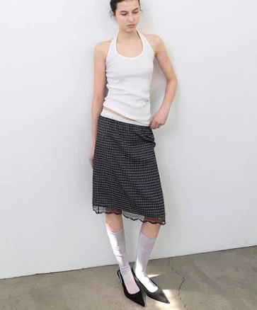 Atelier Nain CHECK LACE TAPE BANDING MIDI SKIRT