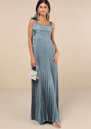 Lulus Blue Gorgeous Purpose Slate Satin Pleated Sleeveless Bow Maxi Dress Womens
