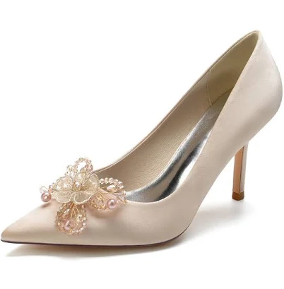 Satin Beads Flowers Pointed Toe Stiletto Heel Pumps