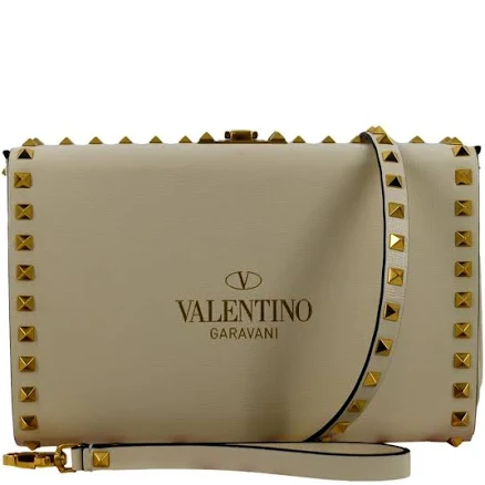 VALENTINO Rockstud Alcove Calfskin Leather Clutch Shoulder Bag Ivory