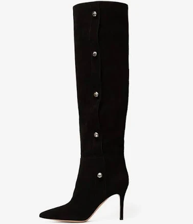 Women's Pointed Toe Beaded Suede Knee High Boots